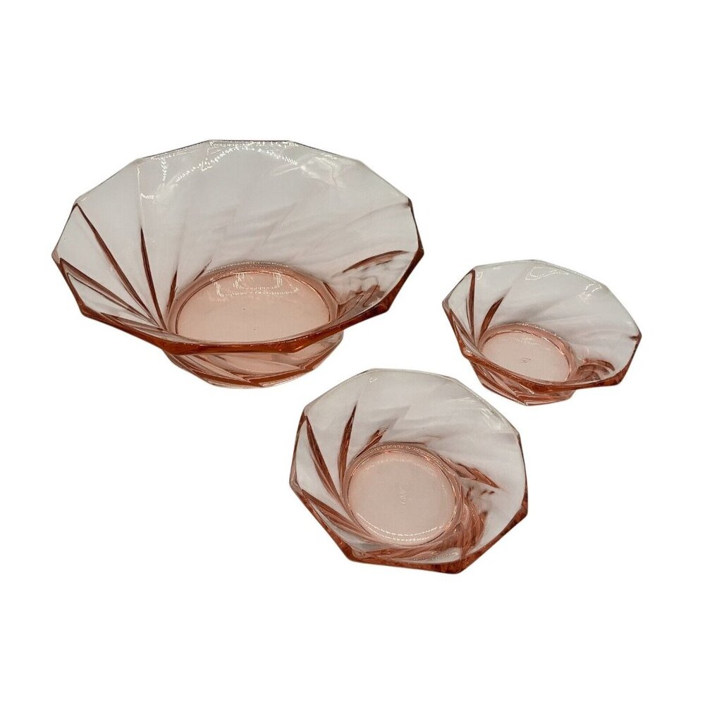 Heisey Pink Twist Depression Glass Serving Bowl 8" With Two 4.5" Smaller Bowls